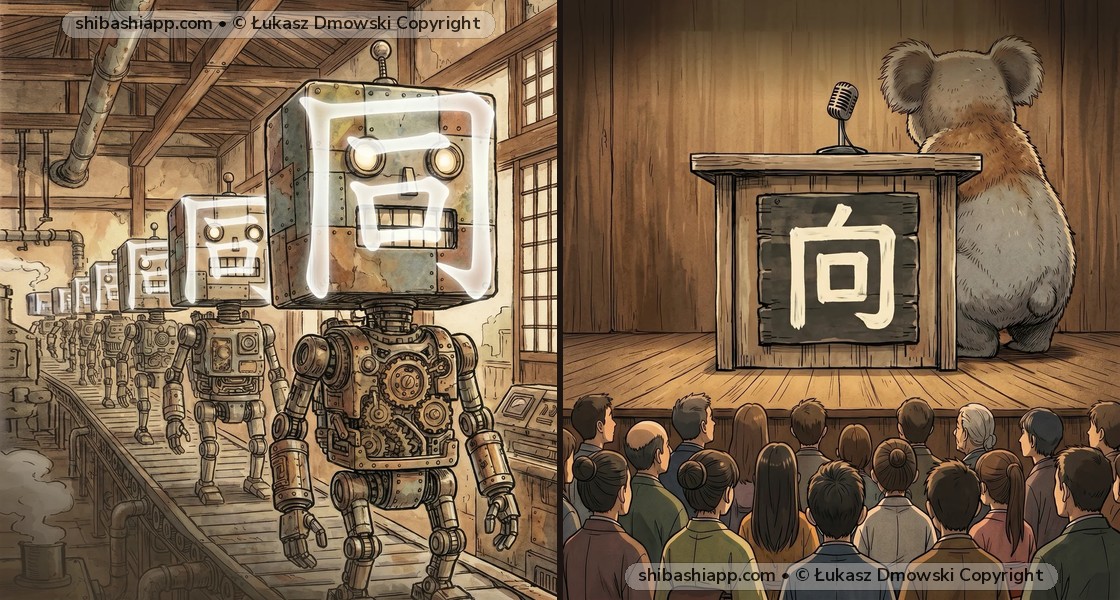同 (Same) vs. 向 (Face/Yonder) vs. 回 (Turn/Times) vs. 困 (Trouble): Box Enclosure Kanji