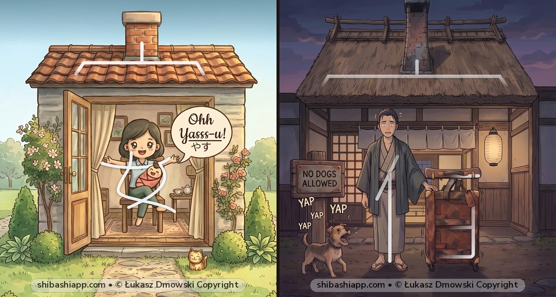 The House Roof Radical (宀 — Ukanmuri): 安 (Cheap/Safe), 宿 (Inn/Homework 宿題), 宅 (Home), 実 (Truth) & 家