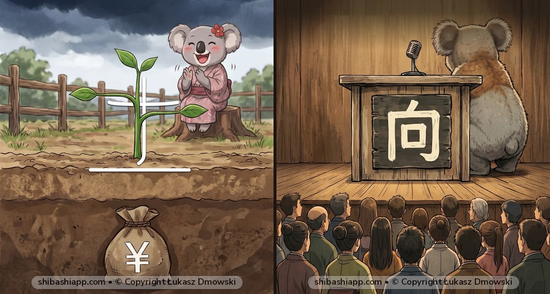 Miss Koala's KOU (こう) Kanji Guide: 幸 (Happiness), 高 (Tall), 広 (Wide), 向 (Face) & 孝 (Filial Piety)