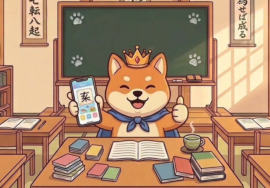 Shibashi Visual Kanji Mnemonics App — Shiba Teacher Holding iPhone